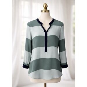 Fossil Silk Green Striped Popover Top Blouse 3/4 Sleeve Women's Size XS